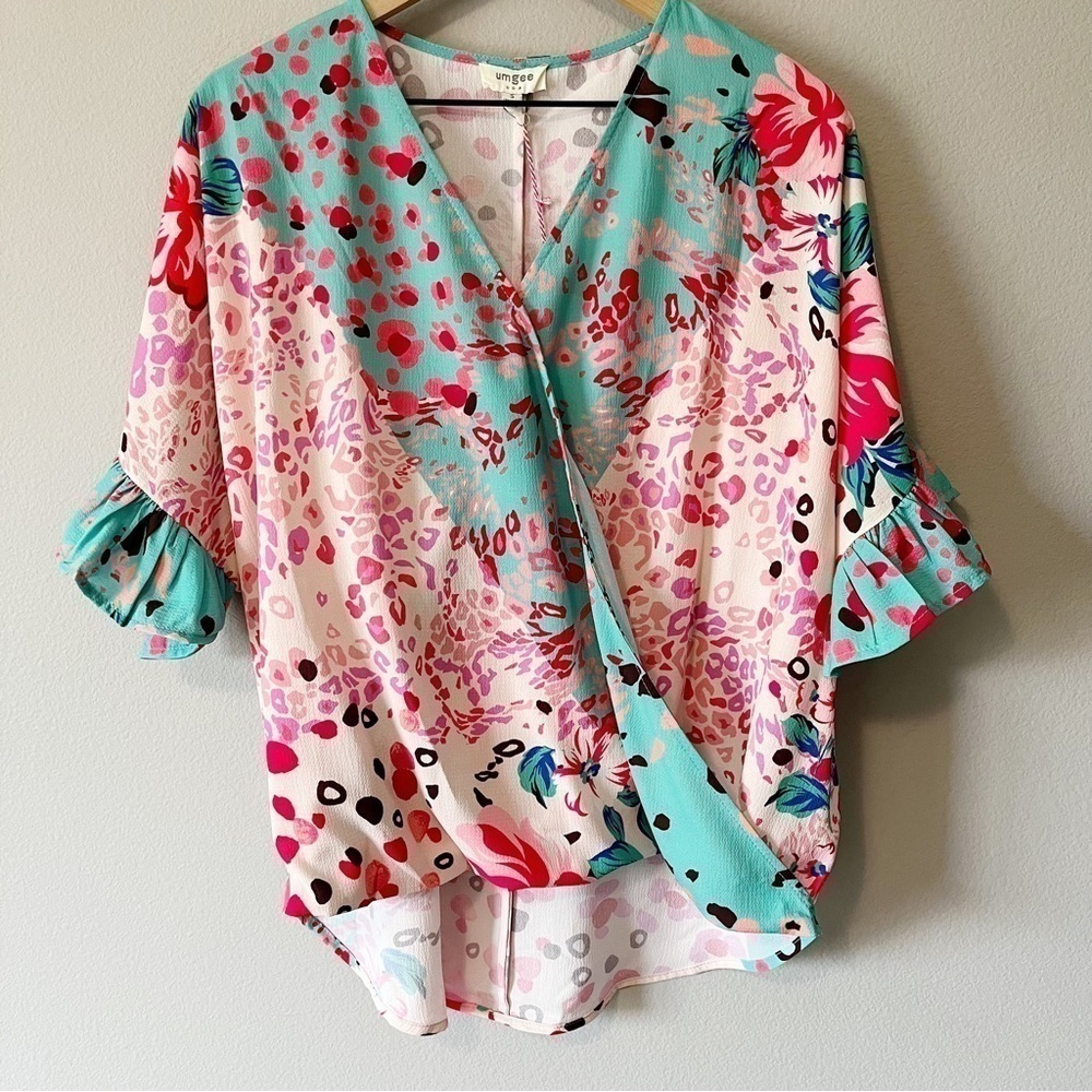 Umgee NWT Floral and Animal Print Mixed Print Crossover Blouse w/ Ruffles Small - Picture 5 of 11